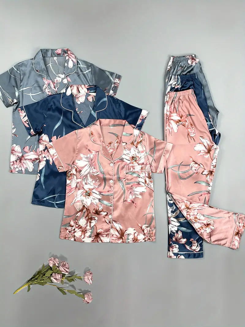 3 Sets of Chic Floral Print Satin Pajama Sets