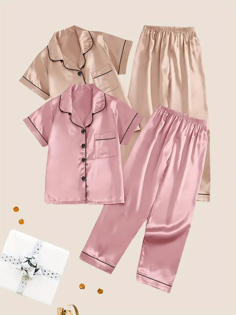 2 Sets of Soft & Cozy Women's Solid Satin Casual Pajama Sets